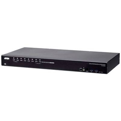 Een zwarte KVM-switch van ATEN met meerdere ingangs- en uitgangsaansluitingen aan de voorkant.