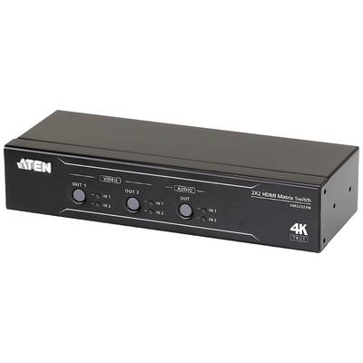 Zwarte 2x2 HDMI Matrix Switch met vier knoppen op de voorkant, gemarkeerd als 'UIT 1', 'UIT 2', 'IN 1', 'IN 2'. 4K-ondersteuning.