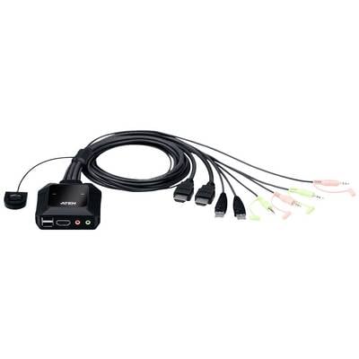 KVM-switch met kabels, twee HDMI-poorten, twee USB-poorten, drie audiokabels; verbindt meerdere apparaten met één monitor.