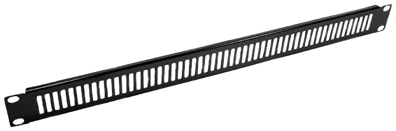 Metalen ventilatiepaneel met sleuven, bedoeld voor ventilatie van racks of behuizingen.
