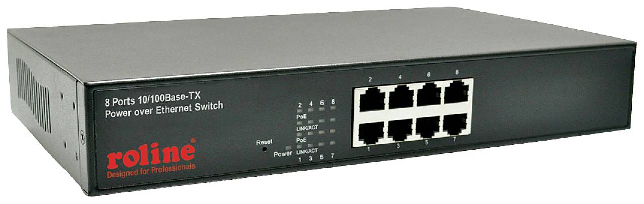 Een zwarte Ethernet-switch met 8 poorten, merk 'roline', gemarkeerd met 'Power over Ethernet Switch'.