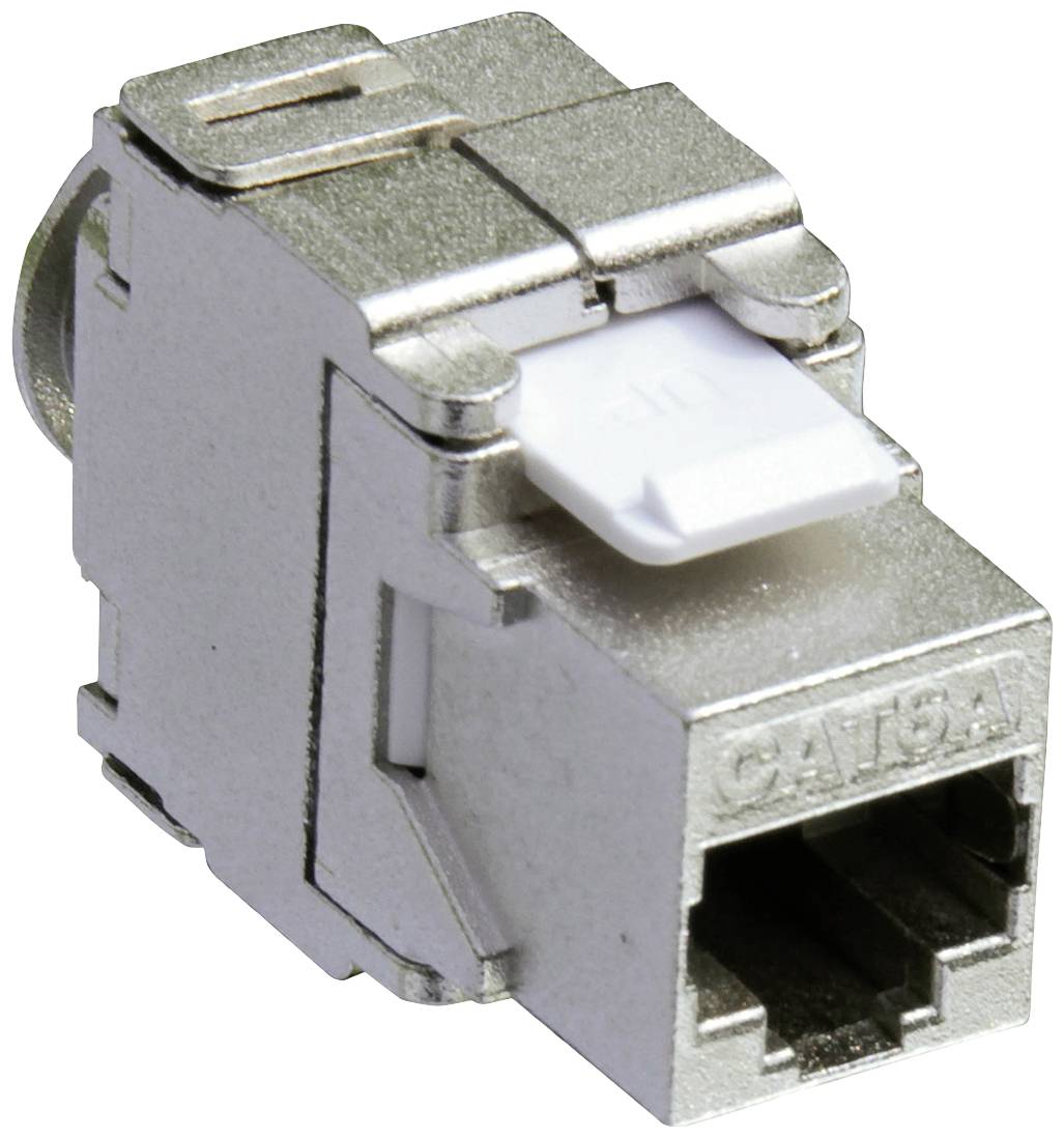 Een zilverkleurig Cat6A-keystone-module voor netwerkkabels, toont de Ethernet-aansluitopening en een wit ontgrendelingselement bovenaan.
