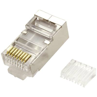 Een RJ45-stekker voor netwerkkabels. Links de metalen behuizing met gouden contacten, rechts een transparante afdekking.