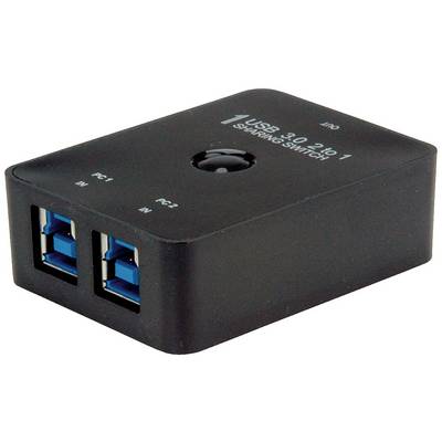 Een zwarte USB 3.0 schakelaar voor het delen met vier aansluitingen en labels 'PC-1' en 'PC-2' voor het schakelen tussen computers.