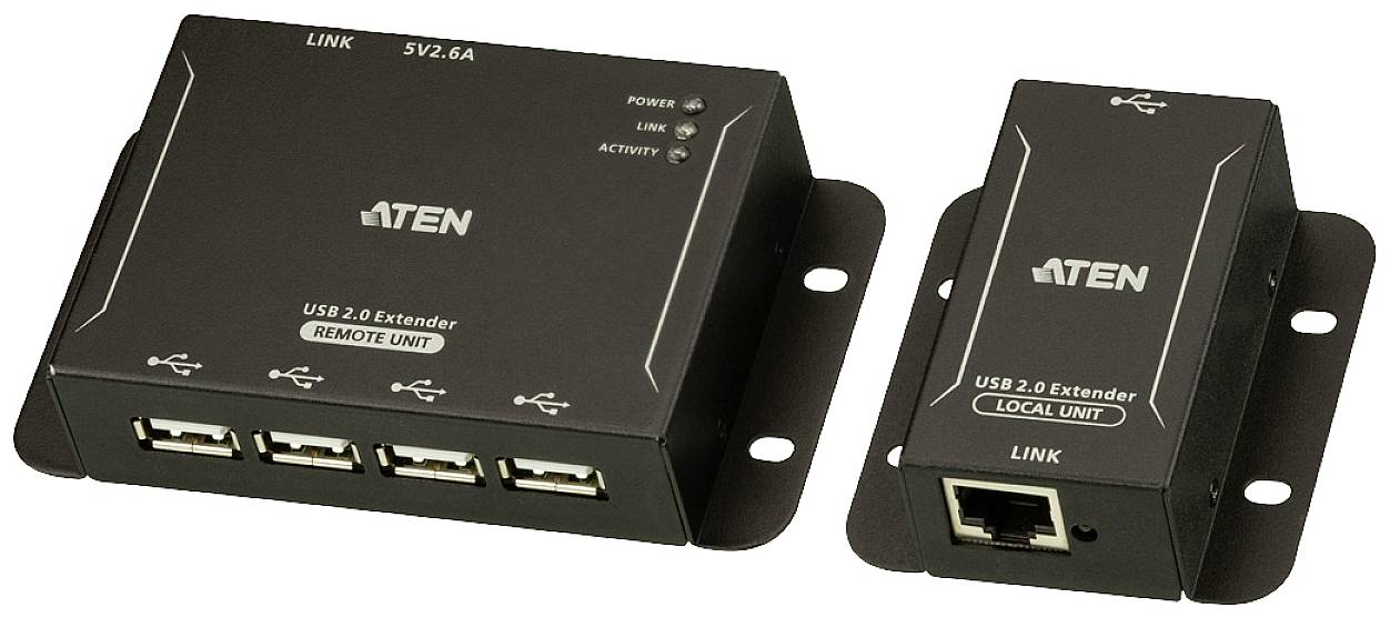 Twee zwarte USB 2.0 extender-eenheden van ATEN, één gemarkeerd als 'REMOTE UNIT' met drie USB-poorten, de andere als 'LOCAL UNIT'.