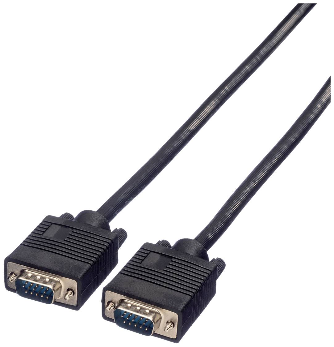 Twee zwarte VGA-kabels met blauwe aansluitingen, typisch gebruikt voor de verbinding tussen computers en monitoren.