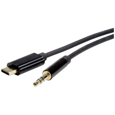 USB-C naar audiokabel, zwart, naast elkaar liggend. Links USB-C-stekker, rechts 3,5-mm-jackplug.
