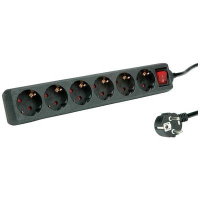 Zeszalige stekkerdoos met schakelaar, zwart design, met randaarde en overspanningsbeveiliging, ideaal voor kantoor of thuis.