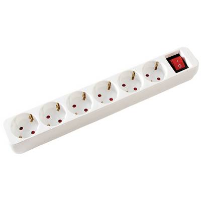 Zesmaal stopcontactstrip met rode aan-/uitschakelaar, geschikt voor het aansluiten van meerdere elektrische apparaten.