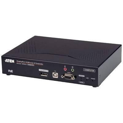 Een zwart apparaat met de opdruk 'DisplayPort KVM Over IP Extender', meerdere aansluitingen en controlelampjes aan de voorkant.