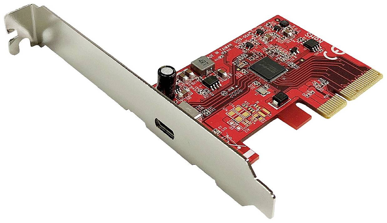 Een rode PCIe-uitbreidingskaart met meerdere elektronische componenten en een USB-C-aansluiting.