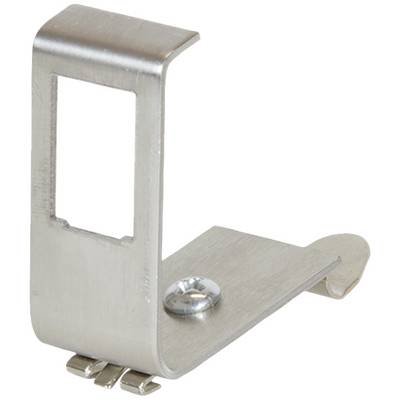 Metalen klem met rechthoekige uitsparing en schroefinrichting. Wordt gebruikt voor bevestiging.
