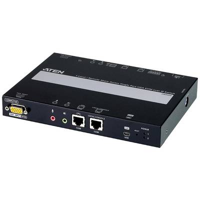 Zwarte KVM-switch voor externe toegang, twee Ethernet-poorten, VGA- en audio-aansluitingen, USB, ideaal voor serverbeheer.