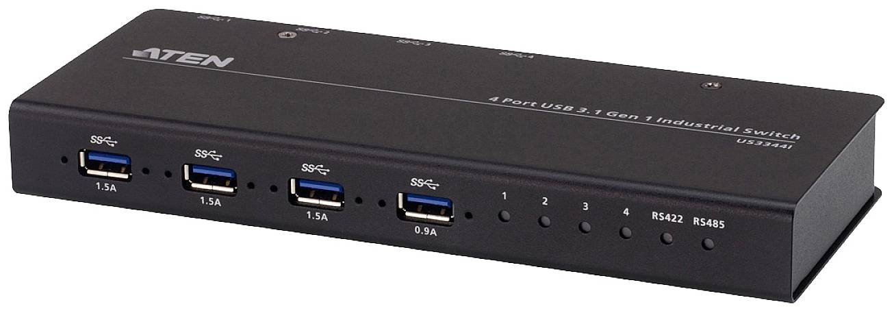 Een zwarte 4-poorts USB 3.1 Gen 1 industrieschakelaar van ATEN met vier USB-aansluitingen aan de voorkant, geschikt voor industriële toepassingen.