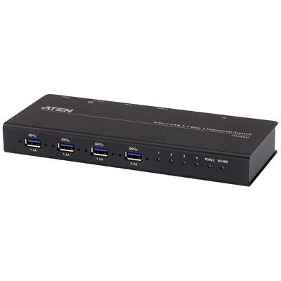 Een zwarte 4-poorts USB 3.1 Gen 1 industrieschakelaar van ATEN met vier USB-aansluitingen aan de voorkant, geschikt voor industriële toepassingen.