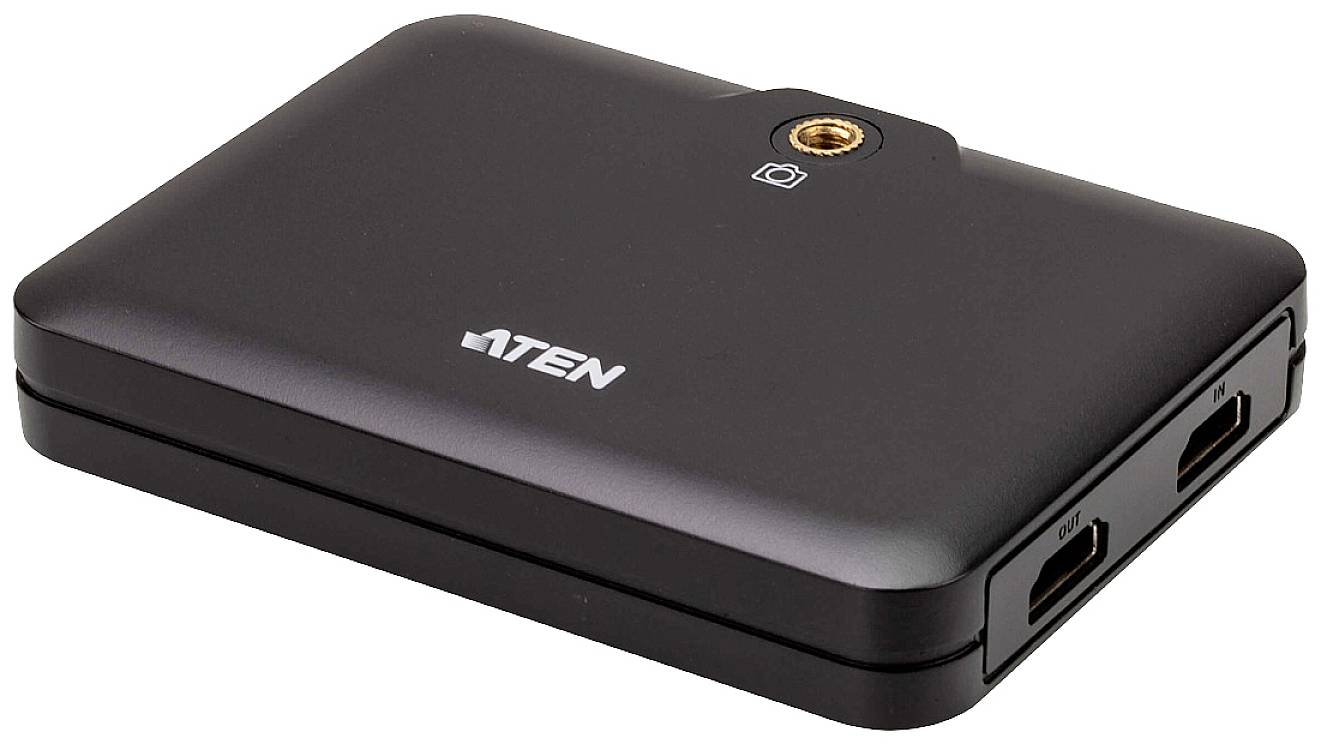 Zwart elektronisch apparaat met twee HDMI-poorten, geschikt voor video- en audiooverdracht, merknaam 'ATEN' zichtbaar.