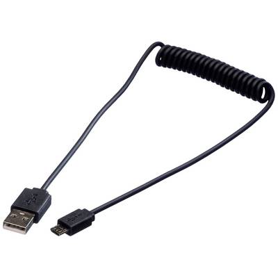 Spiraalvormige USB-kabel met USB-A en Micro-USB-aansluiting, geschikt voor het opladen of overdragen van gegevens tussen apparaten.