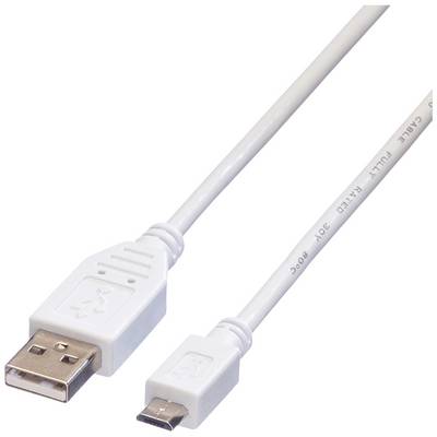 Een wit USB-kabel met twee aansluitingen: een standaard USB-stekker en een micro-USB-stekker, geschikt voor gegevensoverdracht en opladen.