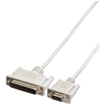 Een grijs serieel kabel met een grote, rechthoekige stekker met veel pinnen en een kleine, rechthoekige stekker met weinig pinnen.