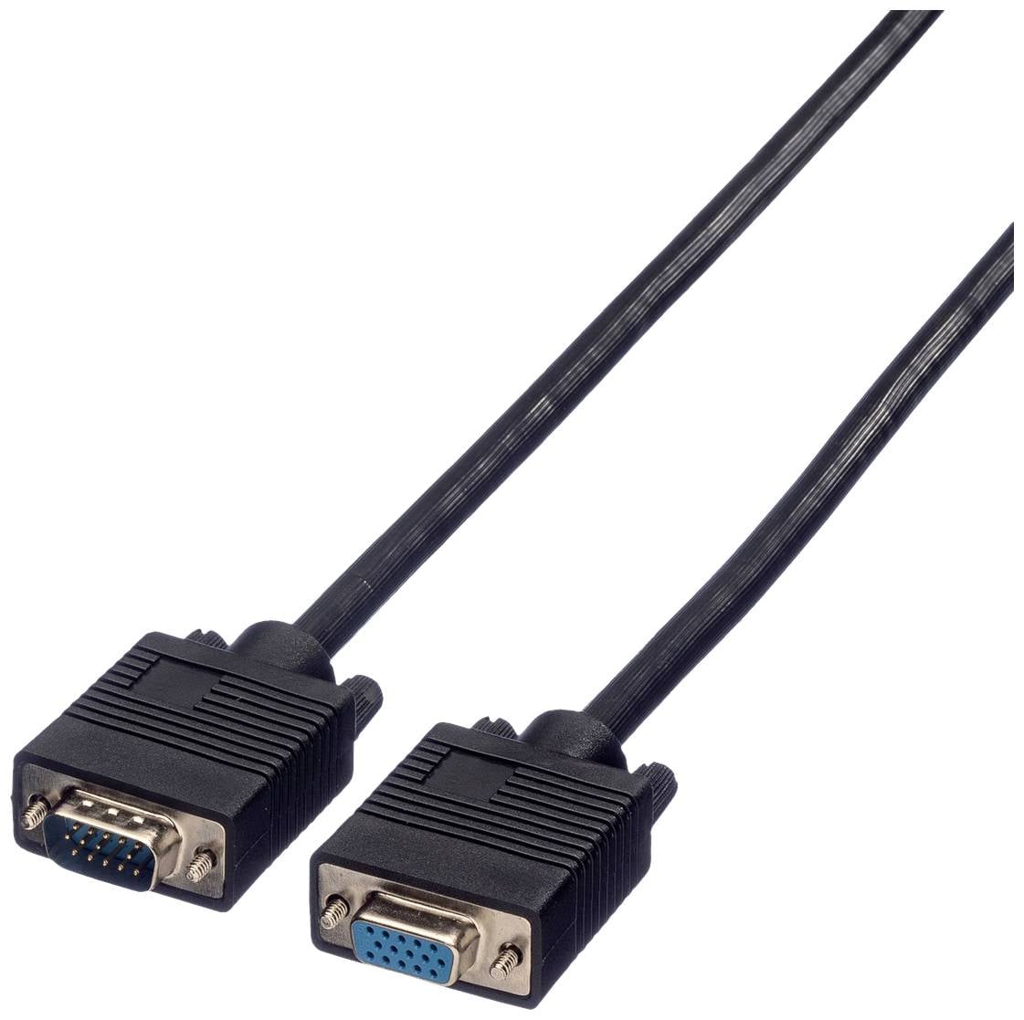 Een zwarte VGA-kabel met twee aansluitingen, elk voorzien van blauwe aansluitvlakken en gouden contacten.