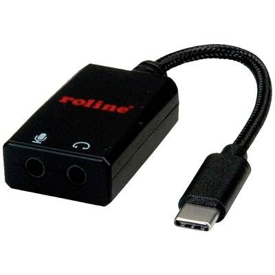 Een USB-C naar audio-adapter met twee 3,5-mm-aansluitingen, geschikt voor koptelefoon en microfoonaansluiting op een USB-C-compatibel apparaat.