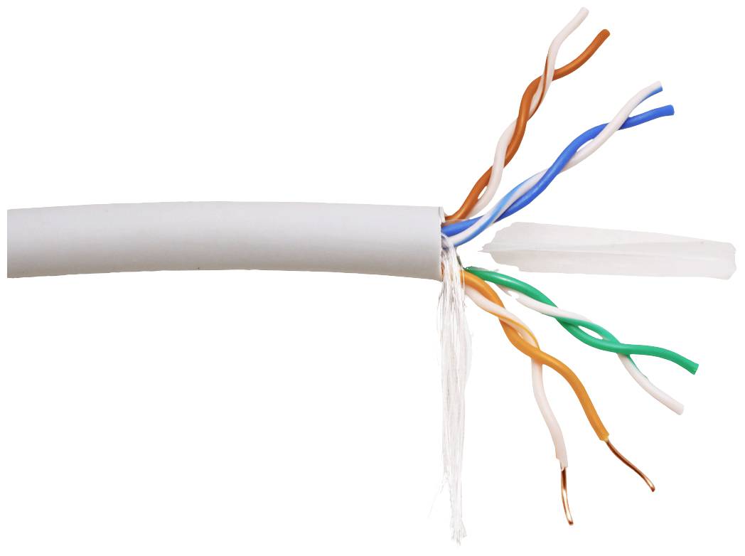 Een onafgeschermd twisted-pair-kabel, UTP, met per paar gedraaideaders in verschillende kleuren voor gegevensoverdracht.