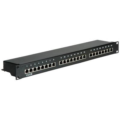 'Patchpanel met 24 RJ45-poorten voor netwerkkabels, gemarkeerd met de nummers 1 tot 24, gebruikt voor het organiseren en distribueren van netwerkverbindingen.'
