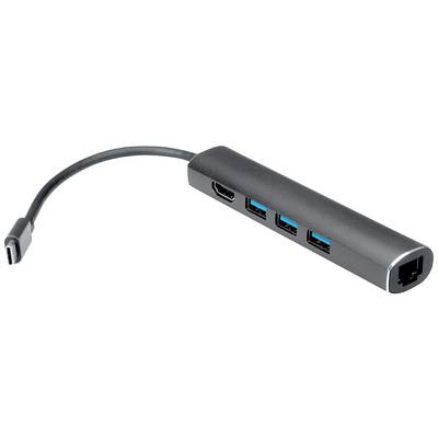 USB-C-hub met drie USB-poorten, HDMI-poort en Ethernet-aansluiting. Compact ontwerp voor uitgebreide aansluitingsmogelijkheden.