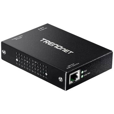Een zwarte TRENDnet PoE-adapter met LED-indicatoren en Ethernet-poort. Merklogo bovenaan. Gebruikt voor netwerkverbindingen.