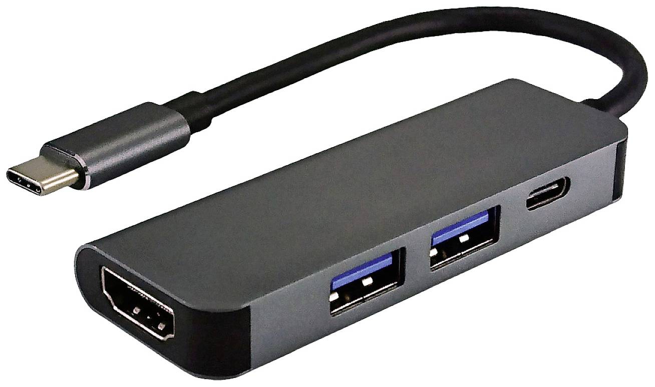 Een USB-C-adapter met aansluitingen voor HDMI, twee USB-A-poorten en een extra USB-C-poort. Geschikt voor het aansluiten van externe apparaten.
