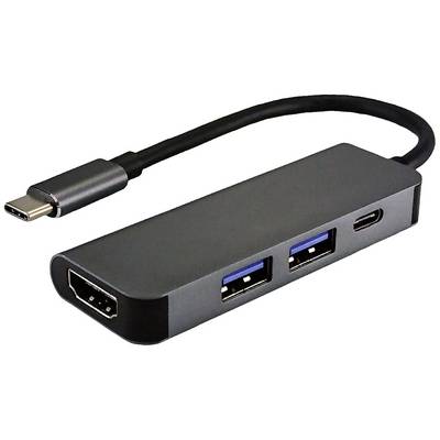 Een USB-C-adapter met aansluitingen voor HDMI, twee USB-A-poorten en een extra USB-C-poort. Geschikt voor het aansluiten van externe apparaten.