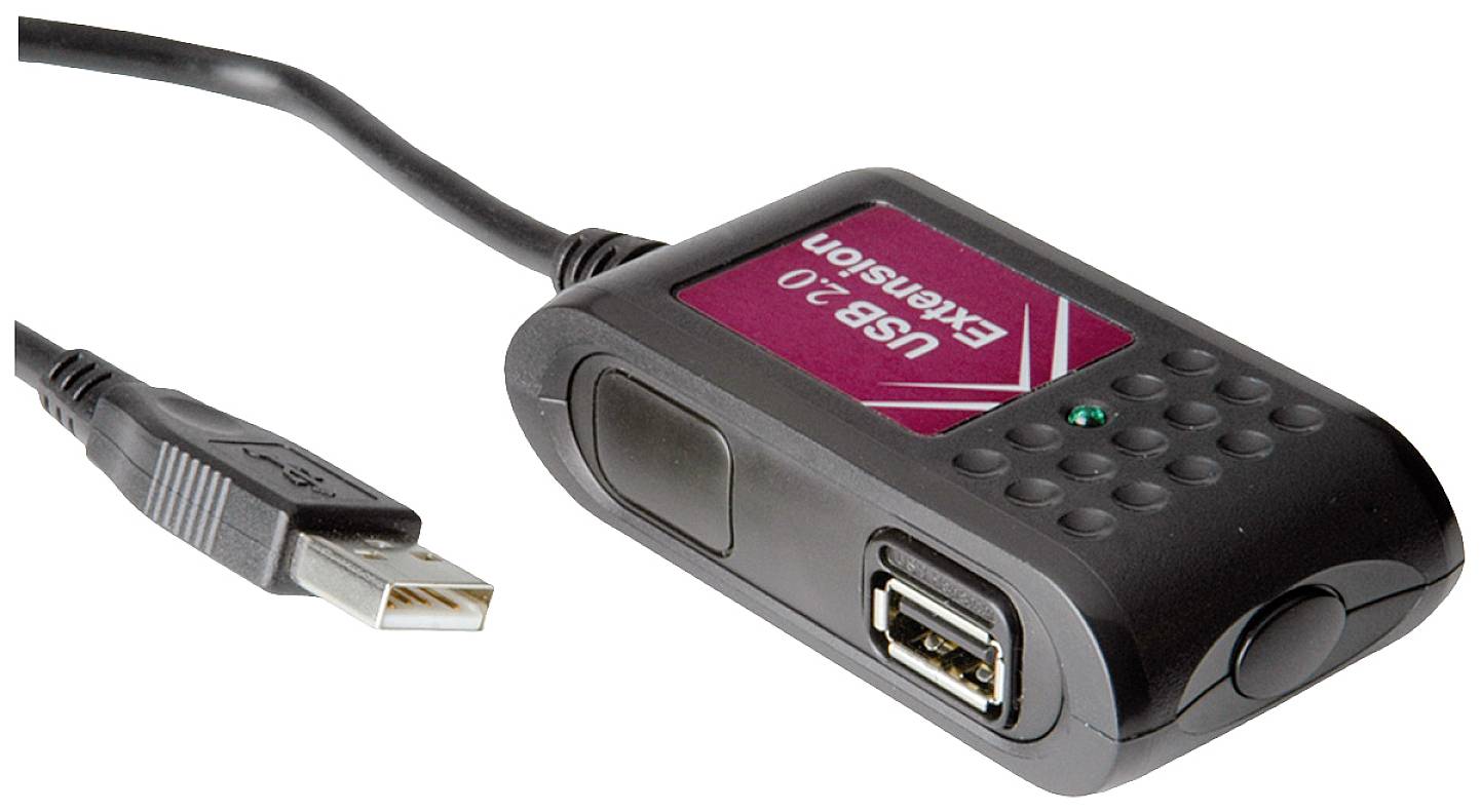 USB-verlengkabel met zwarte behuizing en USB-aansluitingen.