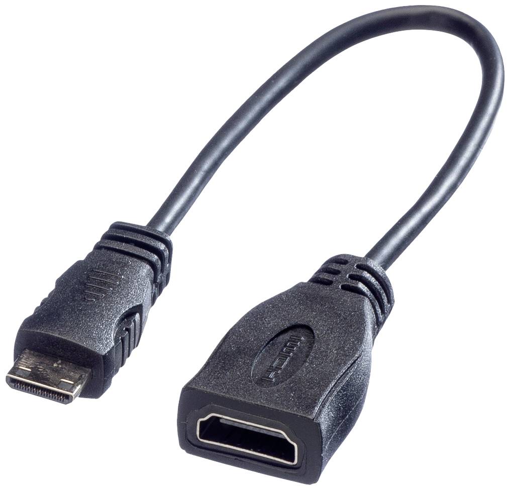 Een korte HDMI-verlengkabel met een stekker aan de linkerkant en een aansluiting aan de rechterkant, zwart.