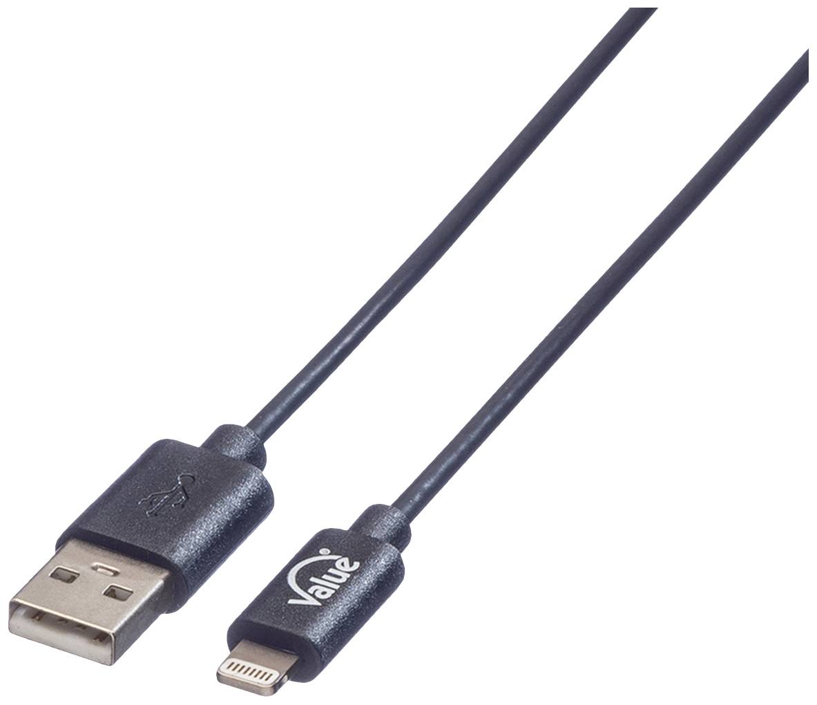Zwart USB-naar-Lightning-kabel, links USB-stekker, rechts Lightning-stekker, gebruikt voor apparaataansluiting en gegevensoverdracht.