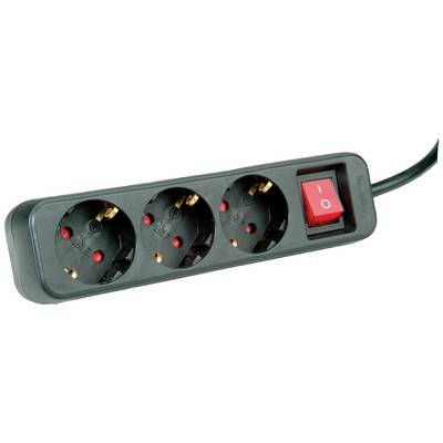 Zwarte stekkerdoos met rood verlichte schakelaar en drie stopcontacten.
