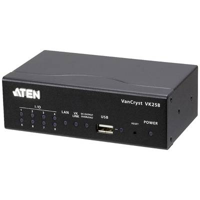 'ATEN VanCryst VK258' besturingseenheid met meerdere I/O-aansluitingen zoals LAN en USB. Vooraanzicht toont controlelampjes en aan/uit-knop.
