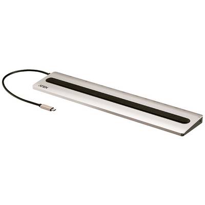 Een zilveren, rechthoekige USB-C-dockingstation met een zwarte streep in het midden en een bevestigd kabel aan de linkerkant.