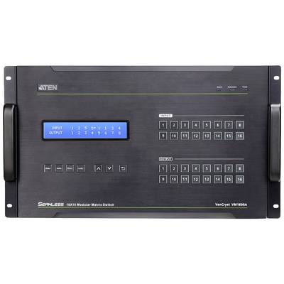 ATEN 16x16 Module Matrix Switch VM1600A met display voor selectie van ingangen en uitgangen, meerdere toetsen en aansluitingen voor bediening.