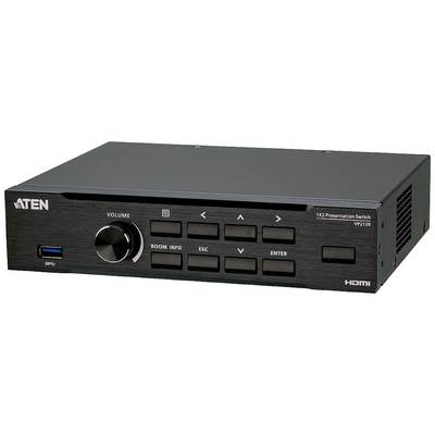 Presentatieschakelaar met knoppen voor volumeregeling, invoer en informatie. Merklogo linksboven. Model VP2120.