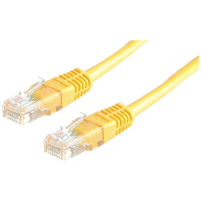 Geel Ethernet-kabel met RJ45-connectoren aan beide uiteinden, dat wordt gebruikt voor het verbinden van netwerkapparatuur.