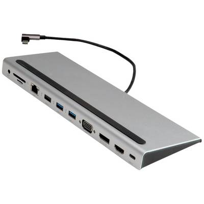Zilveren dockingstation met meerdere poorten, waaronder USB, HDMI, VGA en Ethernet, bovenaan een kort kabel met zwarte stekker.