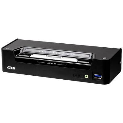 Een zwarte KVM-switch met meerdere aansluitingen en bedieningselementen aan de voorkant; geschikt voor het beheren van meerdere computers.