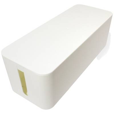 Een witte kabelbox met een rechthoekige vorm en afgeronde randen. De box heeft een sleuf aan de zijkant voor het invoeren van kabels.