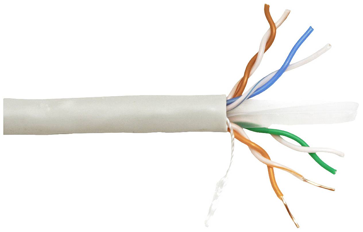 Een doorgesneden netwerkkabel toont acht gekleurdeaders: wit, blauw, oranje, groen en bruin.