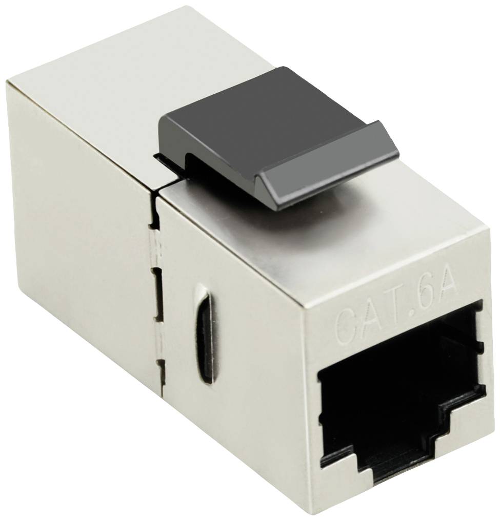 Metalen Cat.6A Keystone-module, geschikt voor het aansluiten van netwerkkabels, met zwarte kunststof afdekking aan de bovenzijde. Geschikt voor Ethernet-bekabeling.