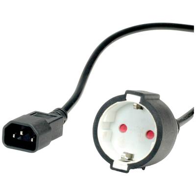 Zwart stroomkabel met stekkerverbinding, aan de ene kant voorzien van een C13-aansluiting, aan de andere kant met Schuko-stekker. Geschikt voor computerapparatuur.