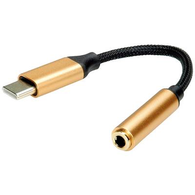 Een USB-C-adapter met een koperkleurig ontwerp, die een USB-C-stekker verbindt met een 3,5-mm-koptelefoonaansluiting.