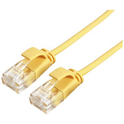 Geel netwerkkabel met twee RJ45-connectoren aan beide uiteinden, gebruikt voor Ethernet-verbindingen in computernetwerken.