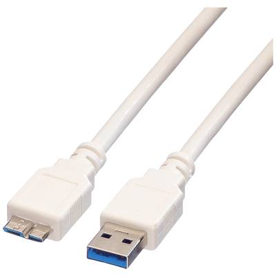 Een wit USB-kabel met USB-stekker Type A rechts en Micro-USB-stekker links, geschikt voor het aansluiten van apparaten met verschillende aansluitingen.