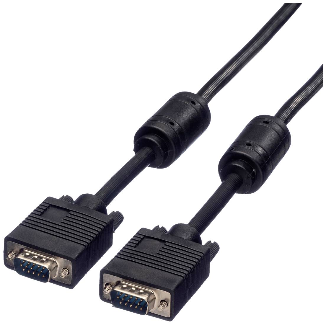 Twee zwarte VGA-kabels met mannelijke connectoren, die parallel aan elkaar lopen. Ze verzorgen de overdracht van analoge videosignalen tussen apparaten.